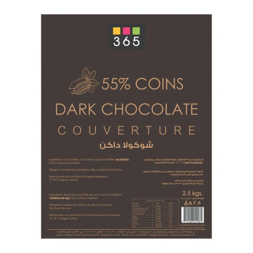 365 Dark Chocolate Couverture 55% Coins 2.5Kg 365 Dark Chocolate Couverture 55% Coins 2.5Kg