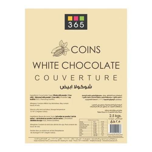 365 White Couverture Chocolate 30% Coins 2.5Kg 365 White Couverture Chocolate 30% Coins 2.5Kg