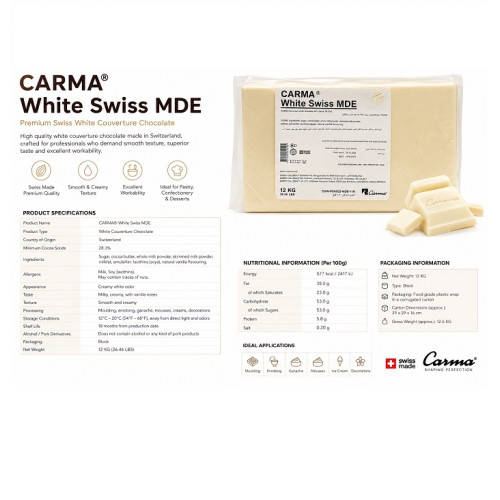 Carma White Swiss MDE Permium white Couverture Chocolate Blcok 1 X  12kg